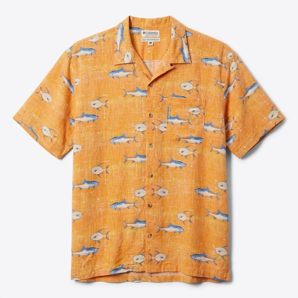 Columbia 100% Silk Camp Shirt Orange Fish Print Hawaiian Vacation Mens Large
